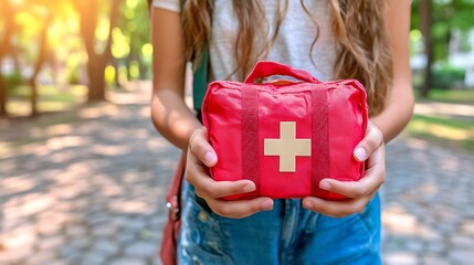 Girl holding first-aid kit, park, safety