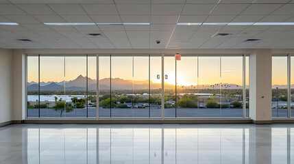 Modern Office Interior with Expansive Windows Framing a Sunset Cityscape Reflection