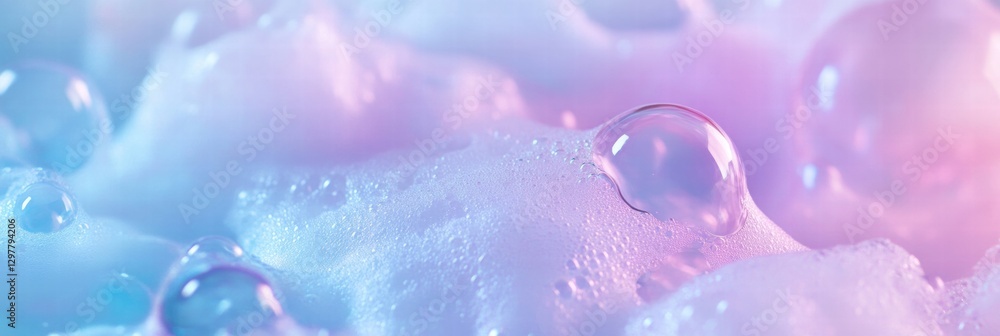 Poster Colorful bubbles float on a layer of soft foam in a vibrant, pastel setting creating a playful and dreamy atmosphere. Generative AI