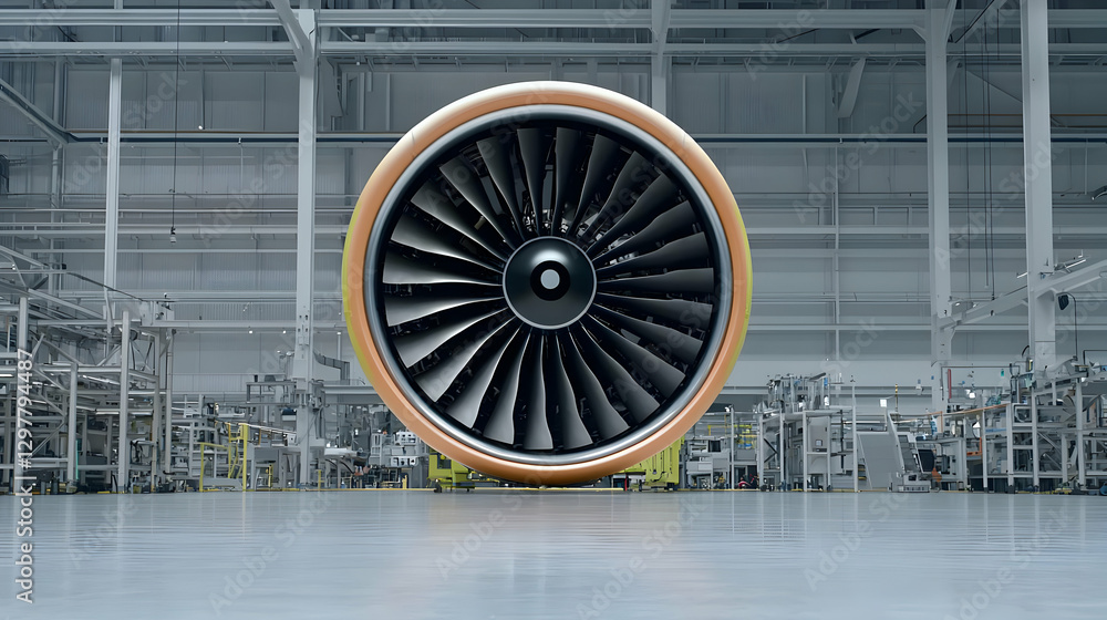 Aufkleber close up view of a large aircraft engine displayed in a spacious industrial factory setting