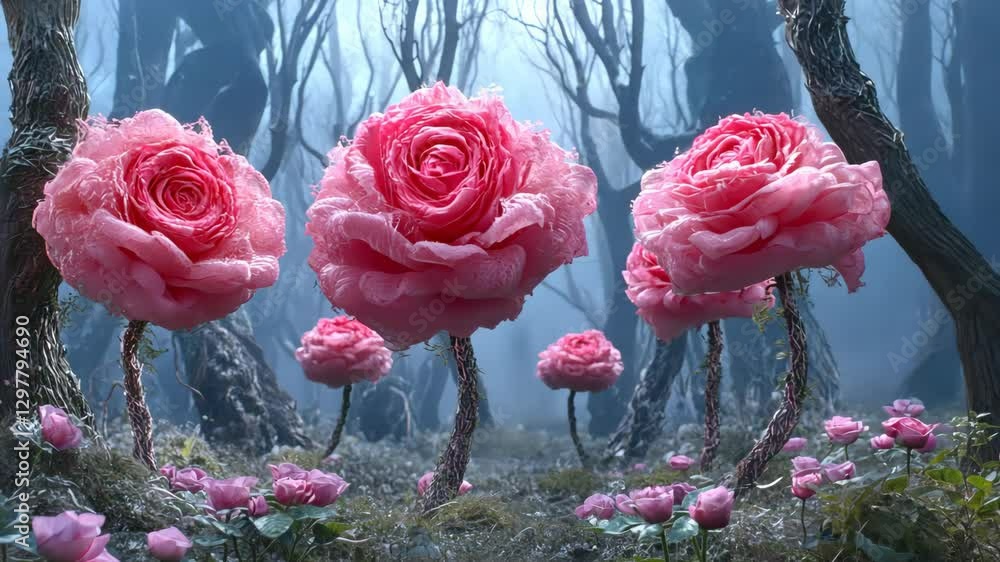 Poster pink roses bloom in an enchanted forest under soft light with twisted trees and a whimsical atmosphe