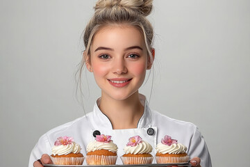 female chef smiles while holding tray of decorated cupcakes, showcasing her baking skills and creativity