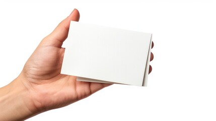 Obraz premium Portrait cropped a human hand holding a white blank business card on white background. AI generated