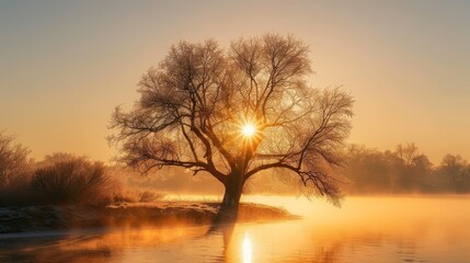 Panoramic lake with golden sunrise at winter foggy morning landscape. AI generated image