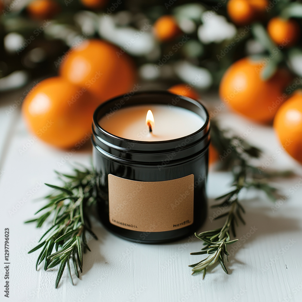 Poster minimalist flat lay featuring candle surrounded by oranges and herbs, creating warm and inviting atmosphere