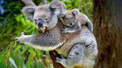 Obraz premium Portrait lovely mother koala with baby hug on her back sitting on tree branch. AI generated image
