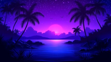 Obraz premium Mystical tropical island retreat at night with starry sky and vibrant sunset hues evoking a peaceful escape to paradise dreaming