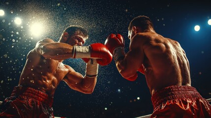 Two boxers are in the ring, one of them is wearing a red glove