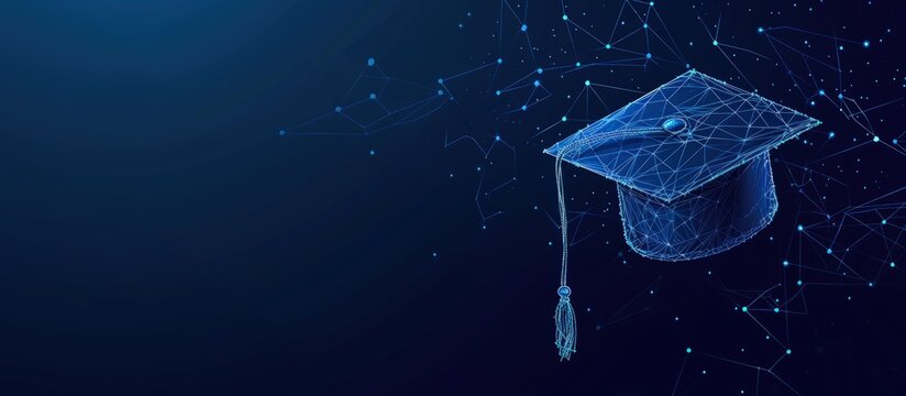 Glowing graduation cap polygonal low poly illustration on dark background. AI generated image