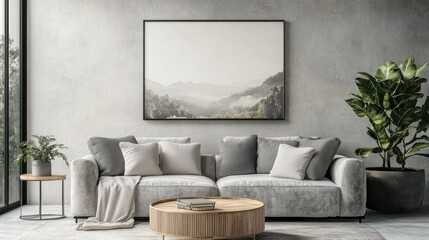 Modern Living Room Interior with Mountain View Artwork