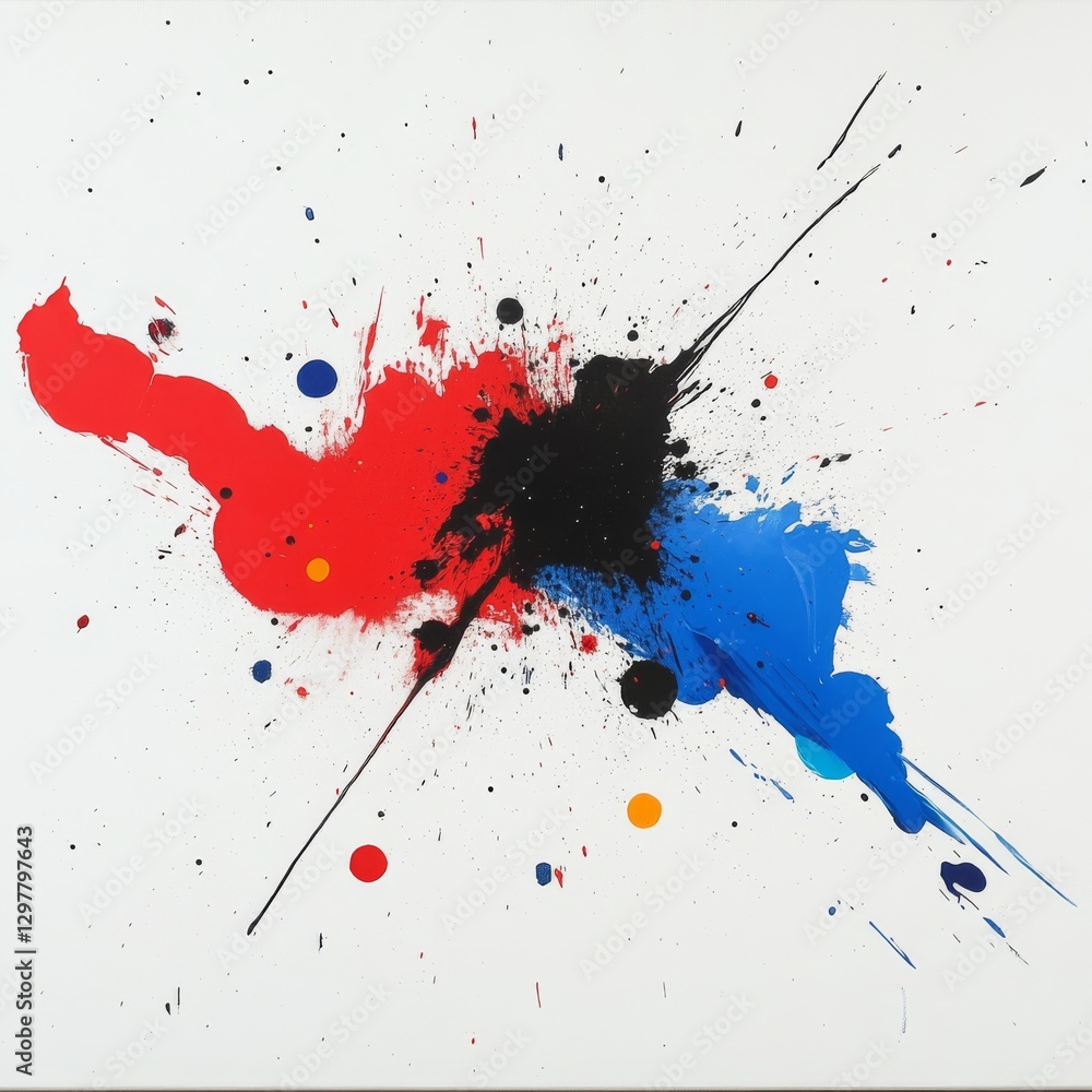 Poster Abstract Expressionism: A Dynamic Collision of Red, Blue, and Black on a Clean White Canvas Background