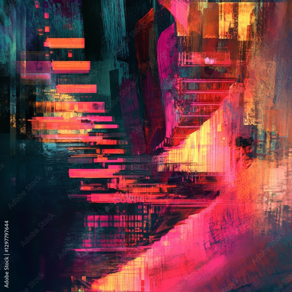 Aufkleber abstract digital painting: a composition of vibrant colors and geometric forms in dynamic motion