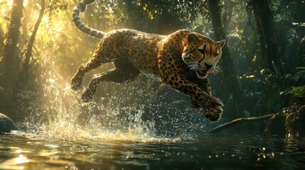 A cheetah leaps over a river in a jungle, its body arched and tail held high.