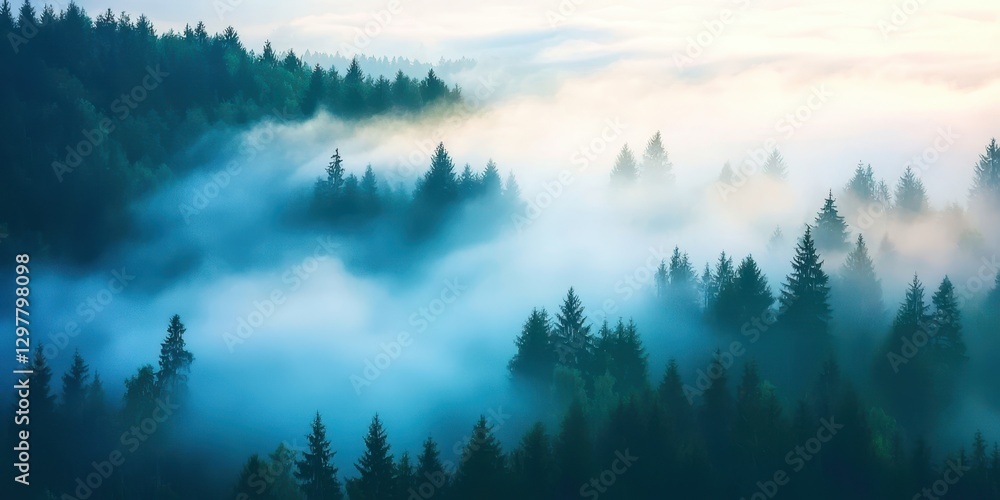 Poster forest with trees covered in fog