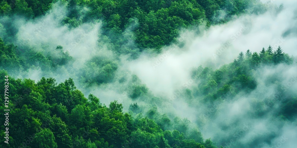 Poster Forest with a lot of trees and fog
