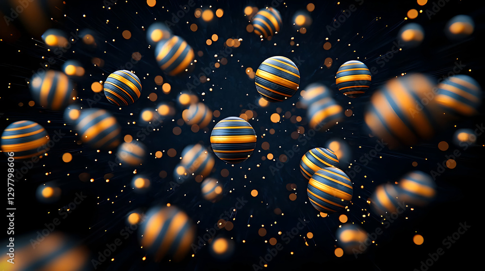 Poster abstract spherical objects with orange and blue stripes floating in a dark space with glowing partic