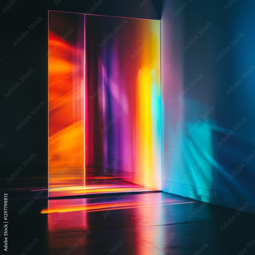Poster prismatic light play: an abstract composition of colorful reflections in a dark room with clean line
