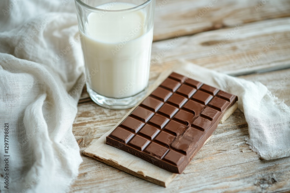 Poster delicious chocolate bar with a glass of milk on a rustic wooden table for a delightful snack experie