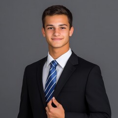 Portrait of a Smiling Young Businessman in a Suit and Tie Against a Gray Background, Ready for Success