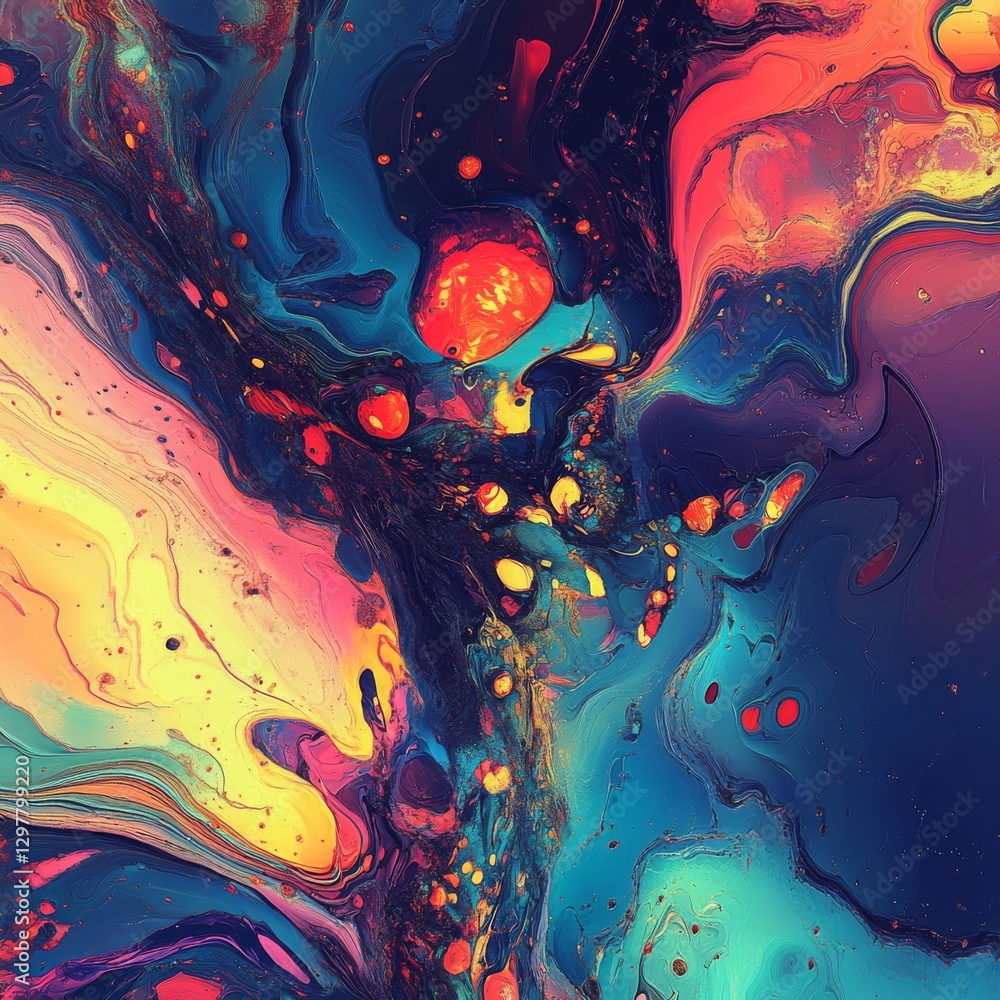 Poster vibrant fluidity: an abstract expression of color, texture, and depth in a mesmerizing interplay of 