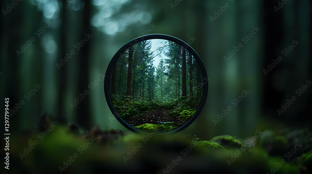 Poster enchanting forest view reflected within a circular lens against a green backdrop