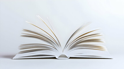 Open White Book with Golden Pages on a White Background in Studio