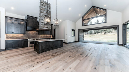 Open-plan kitchen, living room, mountain view