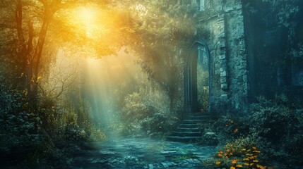 Fototapeta premium Mystical forest with sunlight shining through trees creating a magical atmosphere