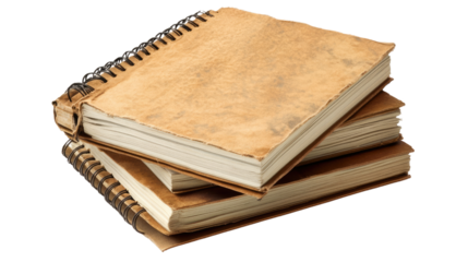 Vintage Notebook Stack: An aged stack of three notebooks, their pages bearing the marks of time, poised atop a bright surface, and illuminated by daylight.