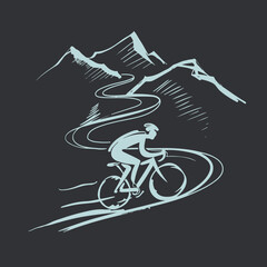 Fototapeta premium Black and white drawing of a cyclist biking on a curvy road with mountains