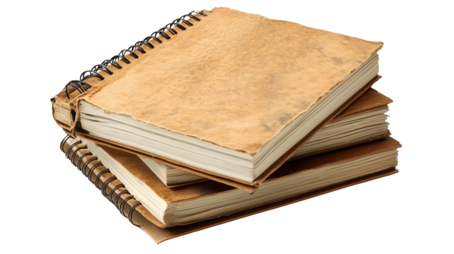 Vintage Notebook Stack: An aged stack of three notebooks, their pages bearing the marks of time, poised atop a bright surface, and illuminated by daylight.
