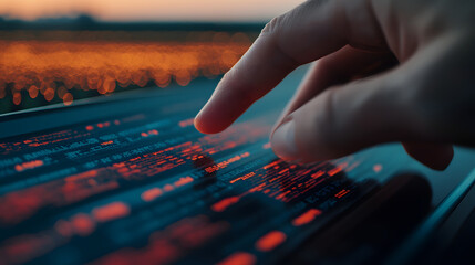 Naklejka premium Close-Up of a Finger Touching a Futuristic Digital Display with Glowing Data Patterns in a Modern Tech Environment