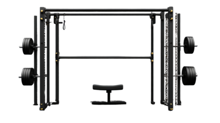 Gym Equipment Powerhouse: The image showcases a robust and modern power cage gym setup, featuring a variety of fitness equipment designed for intense workouts, strength training.
