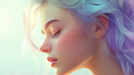 Fototapeta premium Serene woman, pastel hair, sunlit profile, dreamy background, beauty ad