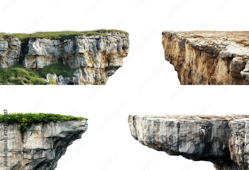 Poster set of floating rocky cliffs with grass and rough texture, isolated on transparent cutout background