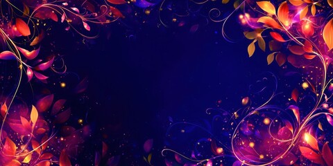 Blue background with a purple and orange leafy border