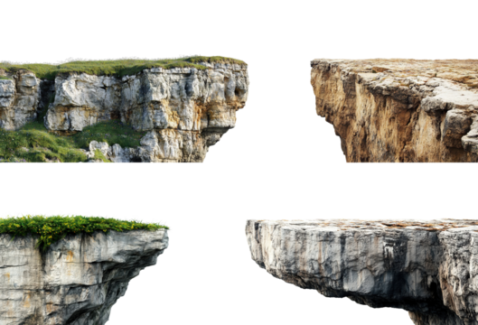 Set of floating rocky cliffs with grass and rough texture, isolated on transparent cutout background
