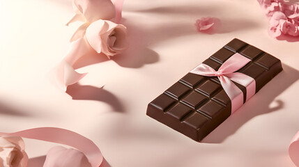 A beautifully wrapped dark chocolate bar, tied with a ribbon and ready to be gifted, placed on a pastel color table.