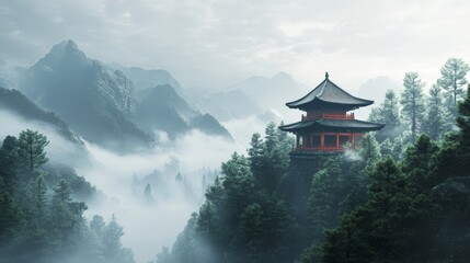 Misty mountain landscape with a traditional Japanese pagoda. © Crafted