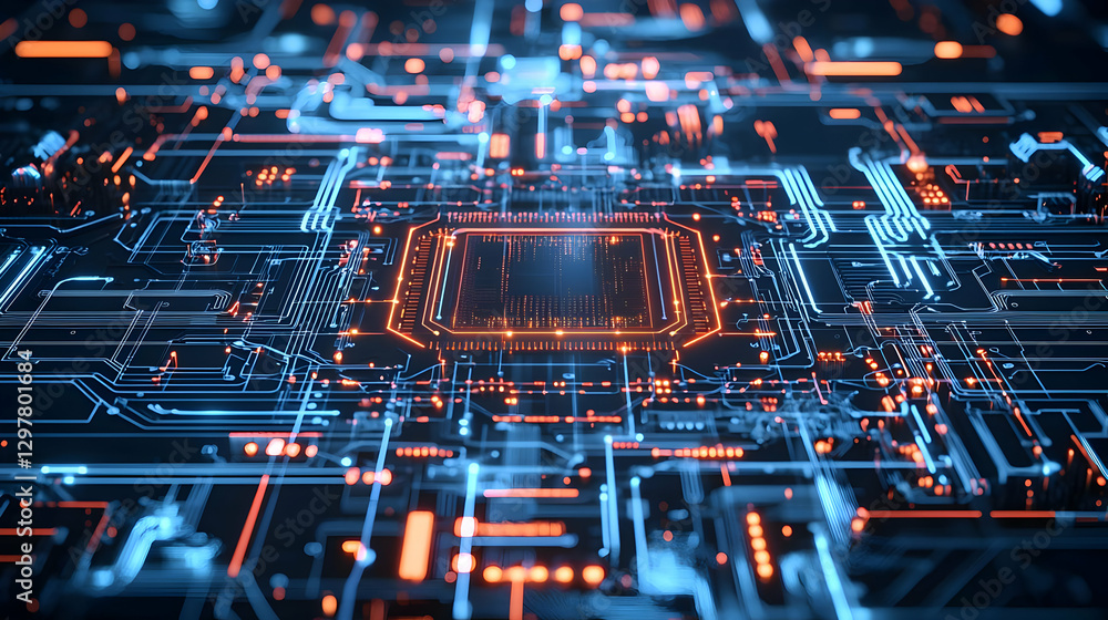 Poster intricate digital circuit board design in blue and orange tones with glowing lines and geometric pat