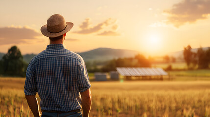 Serene Farmer Watching Sunset Over Golden Field with Barn and Solar Panels in Rural Landscape