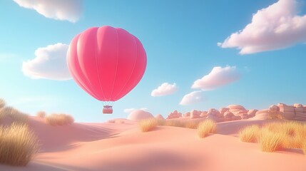 Obraz premium Whimsical journey above the desert landscapes with a pink hot air balloon and clear azure sky conveying a sense of peaceful adventure