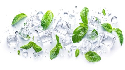 Closeup detail of green mint leaves with ice cubes stack on white background. AI generated image