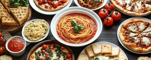 Overhead View of an Assortment of Italian Dishes on a Dark Wooden Table