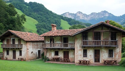 Mountain village houses, green hills