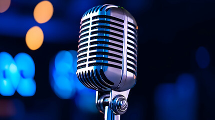 Vintage Microphone in a Dark Atmosphere with Soft Blue Background