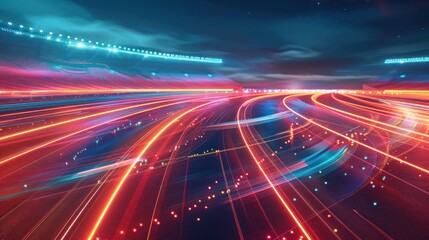 Futuristic movement of stadium running red track abstract digital background. AI generated