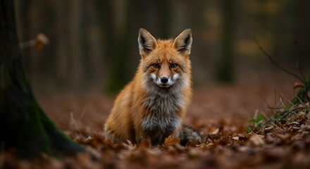 Naklejka premium Captivating Red Fox Contently Observing Forest Floor Covered In Autumn Leaves