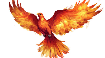 Fototapeta premium Phoenix Rising: An illustration of a majestic phoenix, its fiery wings spread wide in a dynamic pose, symbolizes rebirth, strength, and the indomitable spirit, soaring against an undefined backdrop.