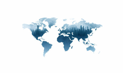 Abstract World Map with Urban Silhouettes and Blue Tones
